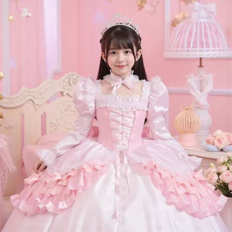 The princess's girl,((10 year old little girl)),,Small Faces,((Full Body:1.0)),long hair,Large Ball Gown Dress in Pastel Colors,Large hoop skirt ,((long sleeve)),puff sleeve,ruffle sleeve,Ruffle Yoke Collar,large yoke collar,lace up corset with ribbon,prin...