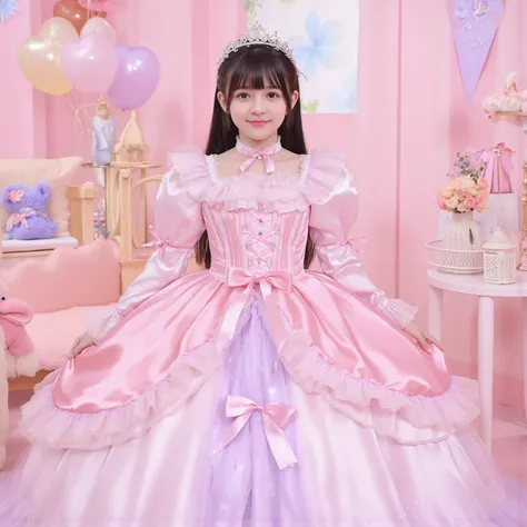 The princess's girl,((10 year old little girl)),,Small Faces,((Full Body:1.0)),long hair,Large Ball Gown Dress in Pastel Colors,Large hoop skirt ,((long sleeve)),puff sleeve,ruffle sleeve,Ruffle Yoke Collar,large yoke collar,lace up corset with ribbon,prin...