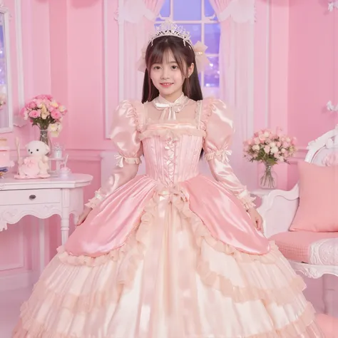 The princess's girl,((10 year old little girl)),,Small Faces,((Full Body:1.0)),long hair,Large Ball Gown Dress in Pastel Colors,Large hoop skirt ,((long sleeve)),puff sleeve,ruffle sleeve,Ruffle Yoke Collar,large yoke collar,lace up corset with ribbon,prin...