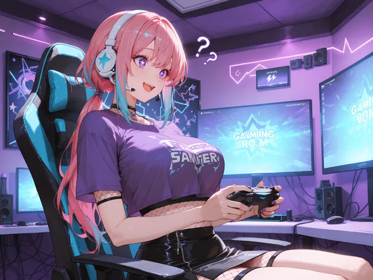 masterpiece, absurdres, high detail, detailed background, solo, woman, 25 years old, multicolored hair, pink hair, blue highlights, framing bangs, long hair, low ponytail, stylish hairstyle, purple eyes, star pupils, large breasts, streaming outfit, purple...