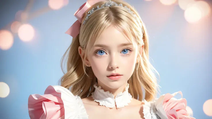 ( Super Detailed), Cute White Princess Dress,( ruffle dress),Extremely Bright light blue big eyes in an incredibly Bright baby blue, upper body、 close-up、 face、( of the left eye is facing the front :1.2), Teenage Girls,No tail,(No tail),2D, masterpiece, ...