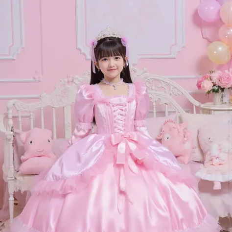 The princess's girl,((10 year old little girl,Babyface,Small Faces)),,((Full Body,Distant view:1.6)),long hair,Large Ball Gown Dress in Pastel Colors,Large hoop skirt ,((long sleeve)),puff sleeve,ruffle sleeve,Ruffle Yoke Collar,large yoke collar,lace up c...