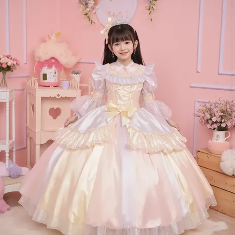 The princess's girl,((10 year old little girl,Babyface,Small Faces)),,((Full Body,Distant view:1.6)),long hair,Large Ball Gown Dress in Pastel Colors,Large hoop skirt ,((long sleeve)),puff sleeve,ruffle sleeve,Ruffle Yoke Collar,large yoke collar,lace up c...