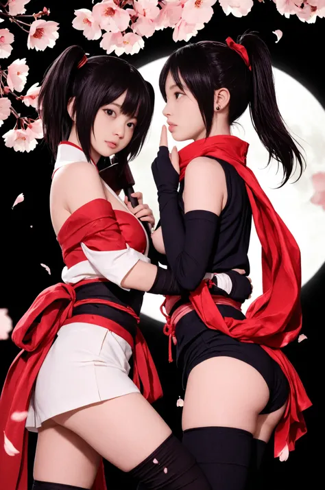 2Girls Lesbian Kunoichi Sisters ((Highest Quality)), ((masterpiece、high sensitivity、Ultra High Definition、in detail with your own finger、Anatomically Accurate Human Body Drawing Delicate Faces)）On the roof of the mansion、Moonlight、close-up from below two p...