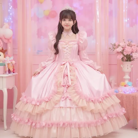 greatest masterpiece,Realistic Pictures,The princess's girl,((10 year old little girl,Babyface,Small Faces)),,((Full Body,Distant view:2.0)),long hair,Large Ball Gown Dress in Pastel Colors,(((cute dress decorated with ruffles and bows,Soft and Smooth Silk...