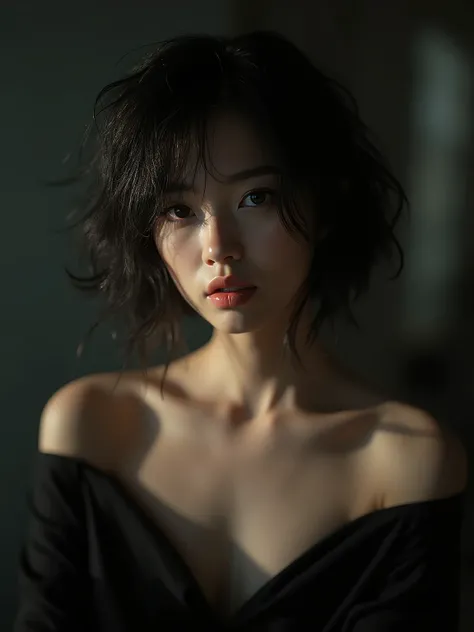 Best quality, masterpiece, ultra high res, (photorealistic:1.5), raw photo, 1girl, offshoulder, in the dark, deep shadow, low key, cold light, sexy look, short hair