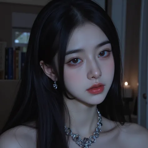 (highy detailed,8K,realisticlying,meticuloso,Real Human)The Dark Temperament Queen exudes a cold charm,She has a face that is hard to ignore。Thick slender black hair draped over his shoulders,Exudes a touch of mystery。Her eyes were deep and sharp,Like star...