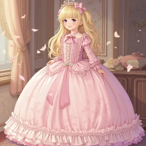 greatest masterpiece,Realistic Pictures,The princess's girl,((10 year old little girl,Babyface,Small Faces)),,((Full Body,Distant view:2.0)),long hair,Large Ball Gown Dress in Pastel Colors,(((cute dress decorated with ruffles and bows,Soft and Smooth Silk...