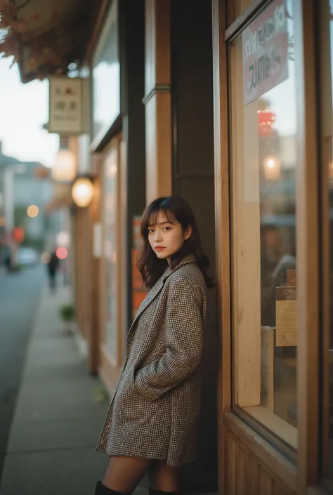 /imagine prompt:
Street corner before dusk、The alley with swaying maple leaves and the bakery sign、The air is dyed gold :: Japanese woman (27) :: turning-back glance, soft half-smile, hands in jacket pockets ::
[[OUTFIT_START]] - Houndstooth tweed mini ski...