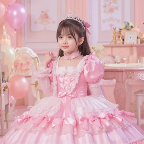 greatest masterpiece,Realistic Pictures,The princess's girl,((10 year old little girl,Babyface,Small Faces)),,((Full Body,Distant view:2.0)),long hair,Large Ball Gown Dress in Pastel Colors,(((cute dress decorated with ruffles and bows,Soft and Smooth Silk...