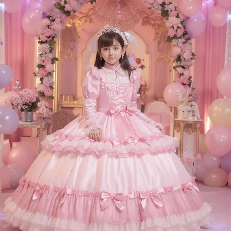 greatest masterpiece,Realistic Pictures,The princess's girl,((10 year old little girl,Babyface,Small Faces)),,((Full Body,Distant view:2.0)),long hair,Large Ball Gown Dress in Pastel Colors,(((cute dress decorated with ruffles and bows,Victorian Princess D...