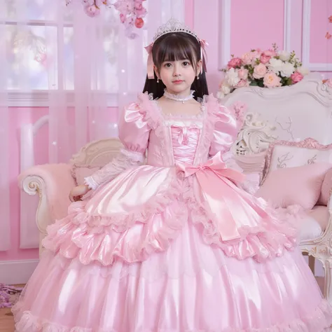 greatest masterpiece,Realistic Pictures,The princess's girl,((10 year old little girl,Babyface,Small Faces)),,((Full Body,Distant view:2.0)),long hair,Large Ball Gown Dress in Pastel Colors,(((cute dress decorated with ruffles and bows,Victorian Princess D...
