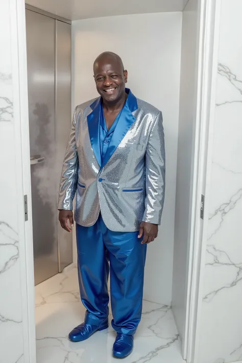 in a steamroom made of white marble, a man that is 59 years old black and fat wears a shiny silver and blue sequin blazer jacket with clearly demarcated sequens, the man wears 80% opacity blue plastic pants, the man sweats heavily, a steamy door looks out ...