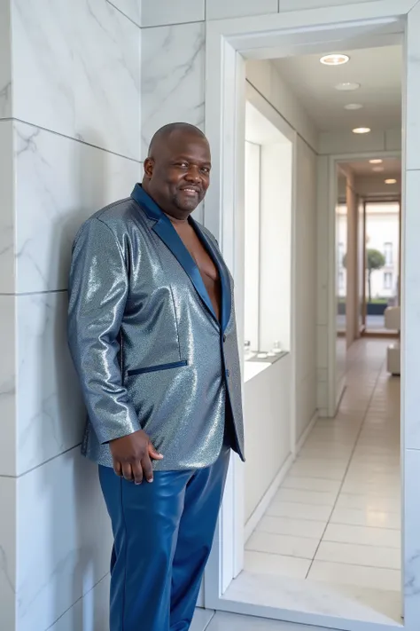 in a steamroom made of white marble, a man that is 59 years old black and fat wears a shiny silver and blue sequin blazer jacket with clearly demarcated sequens, the man wears 80% opacity blue plastic pants, the man sweats heavily, a steamy door looks out ...