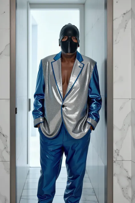 in a steamroom made of white marble, a man that is 59 years old black and fat wears a shiny silver and blue sequin blazer jacket with clearly demarcated sequens, the man wears 80% opacity blue plastic pants, the man sweats heavily, wearing a shiny black la...