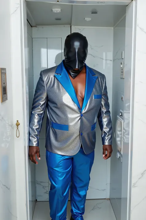 in a steamroom made of white marble, a man that is 59 years old black and fat wears a shiny silver and blue sequin blazer jacket with clearly demarcated sequens, the man wears 80% opacity blue plastic pants, the man sweats heavily, wearing a shiny black la...