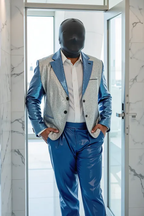 in a steamroom made of white marble, a man that is 59 years old black and fat wears a shiny silver and blue sequin blazer jacket with clearly demarcated sequens, the man wears 80% opacity blue plastic pants, the man sweats heavily, wearing a shiny black la...
