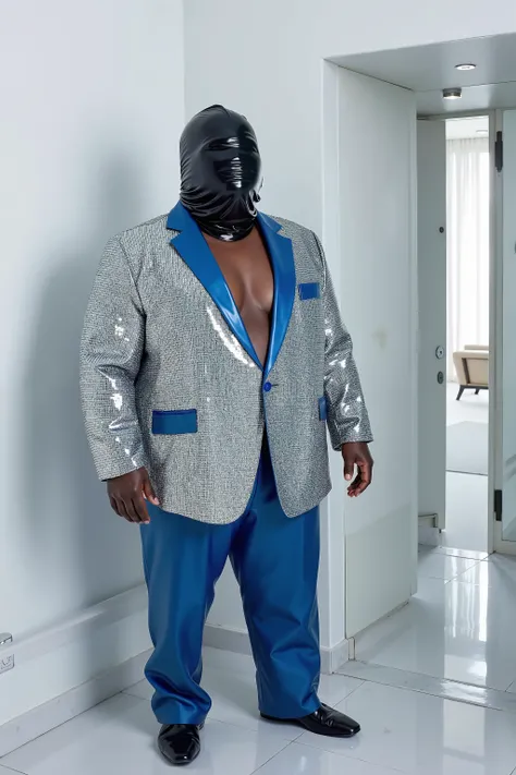 in a steamroom made of white marble, a man that is 59 years old black and fat wears a shiny silver and blue sequin blazer jacket with clearly demarcated sequens, the man wears 80% opacity blue plastic pants, the man sweats heavily, wearing a shiny black la...