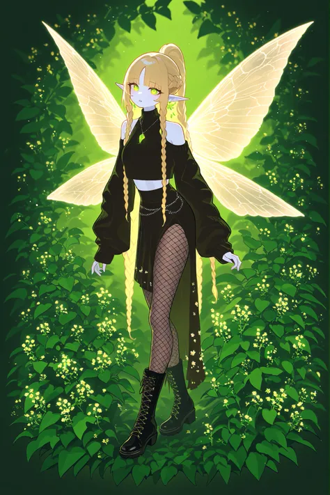 Faèrie princess. She has tall, lanky, thin,dexterous physique. She has holographic dragonfly wings. She has pale ivory skin and long pointy elf ears. Her eyes are sky-blue with glowing sigils of stars. She has longest loose golden-blonde ringlet hair braid...