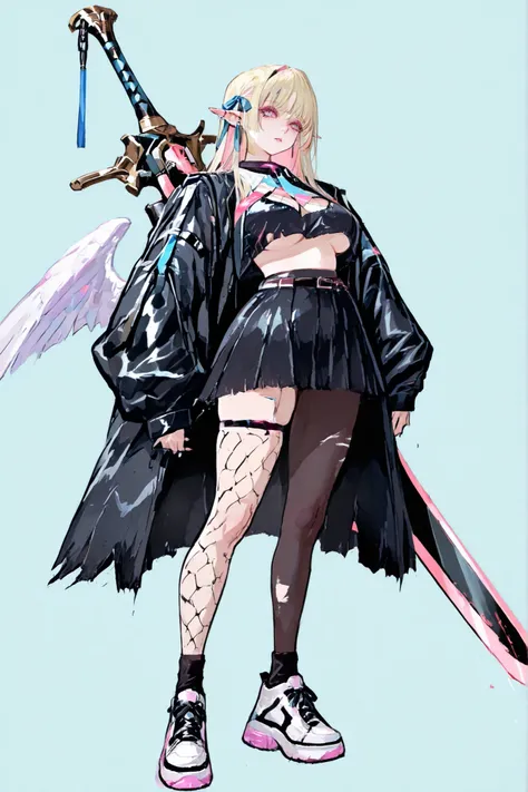 8k wallpaper、 top quality 、masterpiece, 748cm スThailandル 、sexy short school uniform, woman 1 person、ribbon、piercings and earrings on her ears, pointy elf ears, black ripped black skirt、 cute black oversized coat with puffy sleaves with open sho...