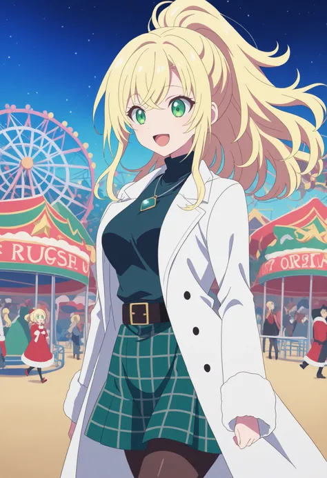 score_9, score_8_up, score_7_up, source_anime,  liliana heiligh, long hair, bangs, blonde hair, green eyes, ponytail, anime screencap, private costume, turtleneck ,pendant ,belt ,plaid skirt , white coat ,pantyhose, rouge lips ,walking, open mouth,smile fa...