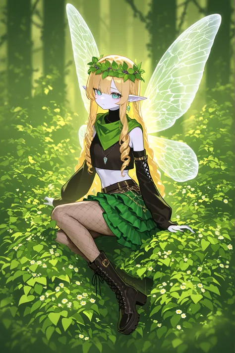 (novuschroma15 style) Faèrie princess. She has tall, lanky, thin,dexterous physique. She has holographic dragonfly wings. She has pale ivory skin and long pointy elf ears. Her eyes are sky-blue. She has longest loose golden-blonde ringlet hair with curtain...