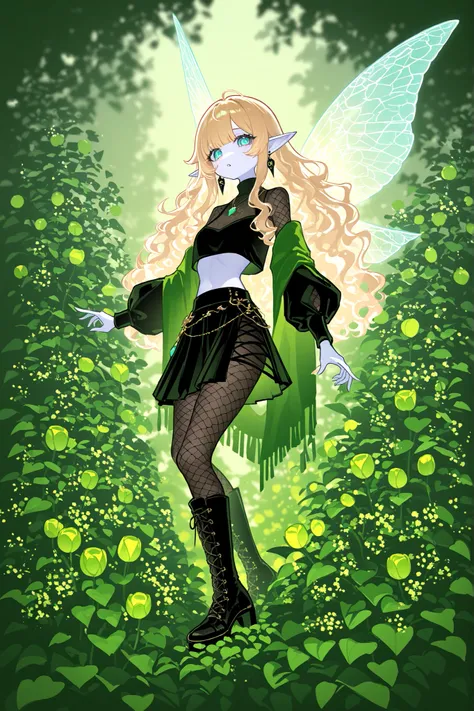 (novuschroma15 style) Faèrie princess. She has tall, lanky, thin,dexterous physique. She has holographic dragonfly wings. She has pale ivory skin and long pointy elf ears. Her eyes are sky-blue. She has longest loose golden-blonde wavy hair with bangs. She...
