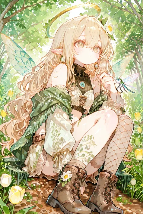(ima_AI123,) Faèrie princess. She has tall, lanky, thin,dexterous physique. She has holographic dragonfly wings. She has pale ivory skin and long pointy elf ears. Her eyes are sky-blue. She has longest loose golden-blonde wavy hair with bangs. She is dress...