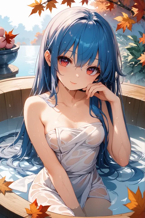{{{hinanawi tenshi (touhou)}}}, red eyes, small breasts,blue long hair,bath towels,Wet all over, BREAK,Luxurious open-air baths,Japanese maple 　Acer japonicum,(Autumn style),(sexy and cute style:1.5),peach,White steam,Relaxed expression,Relaxed pose,close ...