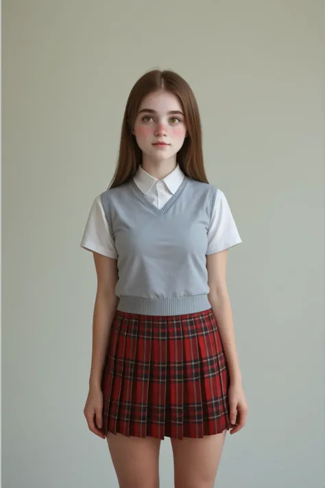 A (very cute young woman:1.5) standing in front of a grey background, studio photoshoot, in perfect lighting, frontal portrait, 3/4 shot, centered framing, neutral background, minimalism.
Long hair, (dirty blonde hair:1.2), (straight hair:1.5), perfect ha...