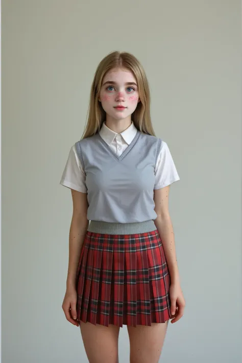 A (very cute young woman:1.5) standing in front of a grey background, studio photoshoot, in perfect lighting, frontal portrait, 3/4 shot, centered framing, neutral background, minimalism.
Long hair, (dirty blonde hair:1.5), (straight hair:1.5), perfect ha...