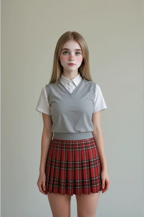 A (very cute young woman:1.5) standing in front of a grey background, studio photoshoot, in perfect lighting, frontal portrait, 3/4 shot, centered framing, neutral background, minimalism.
Long hair, (dirty blonde hair:1.2), (straight hair:1.5), perfect ha...