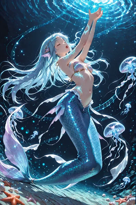 masterpiece, best quality, amazing quality, 8k, HDR, absurdres, newest, cinematic lighting, cinematic shadows, cinematic, ((dynamic angle)), 1 Girl,   Floating hair, mermaid, Bikini top, Shell Bikini top, mermaid tail, bare shoulders, scales, fins, head fi...