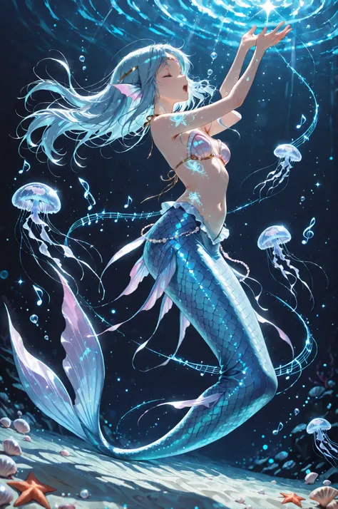 masterpiece, best quality, amazing quality, 8k, HDR, absurdres, newest, cinematic lighting, cinematic shadows, cinematic, ((dynamic angle)), 1 Girl,   Floating hair, mermaid, Bikini top, Shell Bikini top, mermaid tail, bare shoulders, scales, fins, head fi...