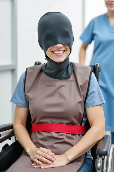 a 35 year old woman is in a futuristic hospital room, she sits in a powered wheelchair, a thick padded neoprene wheelchair harness that is pink restrains her, the woman wears a shining black latex head covering that covers her entire face, a small valve at...