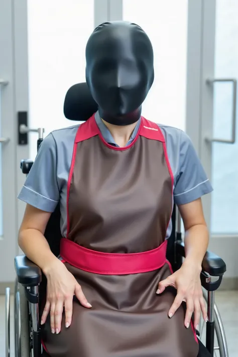 a 35 year old woman is in a futuristic hospital room, she sits in a powered wheelchair, a thick padded neoprene wheelchair harness that is pink restrains her, the woman wears a shining black latex head covering that covers her entire face, a small valve at...