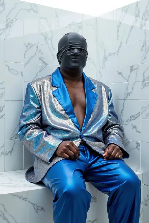 in a steamroom made of white marble, a man that is 59 years old black and fat sits on a bench, wearing a shiny silver and blue sequin blazer jacket with clearly demarcated sequens, the man wears 80% opacity blue plastic pants, the man sweats heavily, weari...
