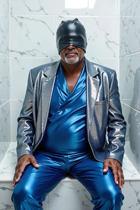 in a steamroom made of white marble, a man that is 59 years old black and fat sits on a bench, wearing a shiny silver and blue sequin blazer jacket with clearly demarcated sequens, the man wears 80% opacity blue plastic pants, the man sweats heavily, weari...