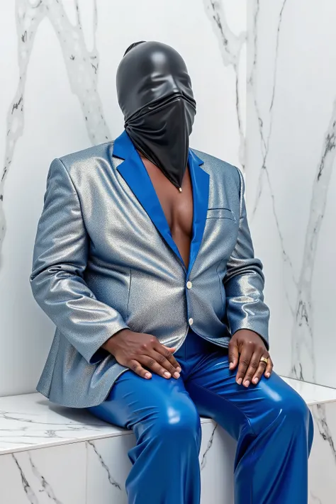 in a steamroom made of white marble, a man that is 59 years old black and fat sits on a bench, wearing a shiny silver and blue sequin blazer jacket with clearly demarcated sequens, the man wears 80% opacity blue plastic pants, the man sweats heavily, weari...