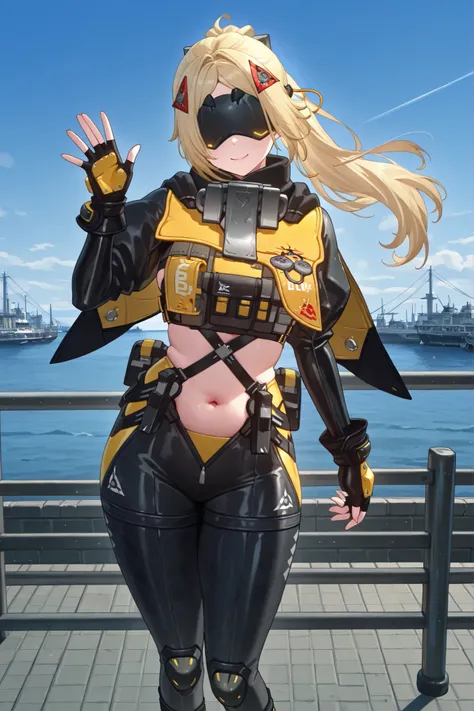 Watercolor painting,Perfect hand,masterpiece, best quality,very aesthetic, BREAK,(solo) (Trigger, blonde hair, hair ornaments, ponytail, metal blindfold, black blindfold, color lower-blindfold leds)(combat-suit, yellow and black combat-suit, black sleeves,...