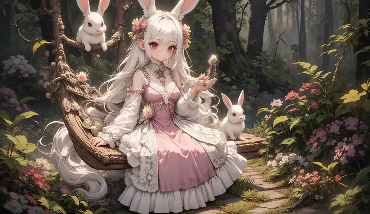 (Highest Quality, Super Detailed:1.5), 8k,(one girl), (Elf Girl with Rabbit Ears:1.5),platinum blonde hair, very long hair, round eyes,(Rabbit Ears Grow:1.5), (Anatomically Accurate Hand:1.5),( RED Beautiful Eyes :1.5), full body, lift your arms back, smal...
