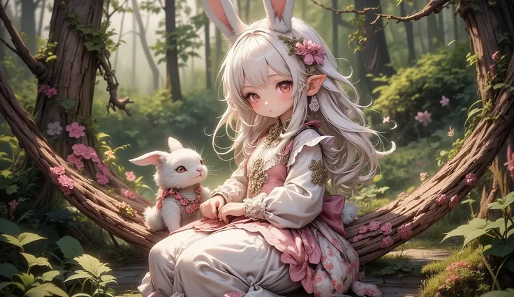 (Highest Quality, Super Detailed:1.5), 8k,(one girl), (Elf Girl with Rabbit Ears:1.5),platinum blonde hair, very long hair, round eyes,(Rabbit Ears Grow:1.5), (Anatomically Accurate Hand:1.5),( RED Beautiful Eyes :1.5), full body, lift your arms back, smal...