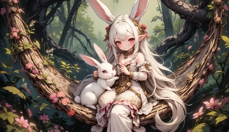(Highest Quality, Super Detailed:1.5), 8k,(one girl), (Elf Girl with Rabbit Ears:1.5),platinum blonde hair, very long hair, round eyes,(Rabbit Ears Grow:1.5), (Anatomically Accurate Hand:1.5),( RED Beautiful Eyes :1.5), full body, lift your arms back, smal...