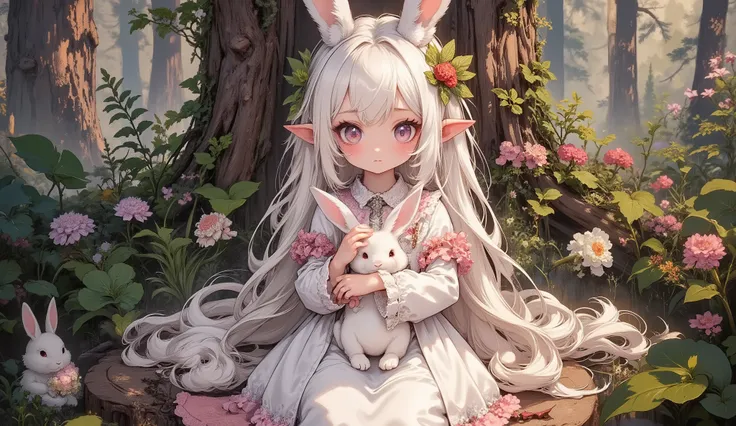 (Highest Quality, Super Detailed:1.5), 8k,(one girl), (Elf Girl with Rabbit Ears:1.5),platinum blonde hair, very long hair, round eyes,(Rabbit Ears Grow:1.5), (Anatomically Accurate Hand:1.5),( RED Beautiful Eyes :1.5), full body, lift your arms back, smal...