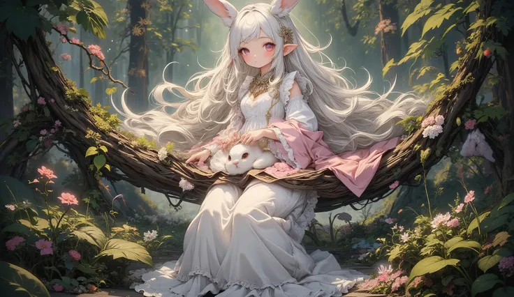 (Highest Quality, Super Detailed:1.5), 8k,(one girl), (Elf Girl with Rabbit Ears:1.5),platinum blonde hair, very long hair, round eyes,(Rabbit Ears Grow:1.5), (Anatomically Accurate Hand:1.5),( RED Beautiful Eyes :1.5), full body, lift your arms back, smal...
