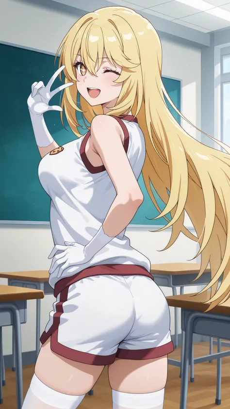 highres, absurdres,source anime,cowboy shot,1girl,solo,misaki shokuhou,blonde hair,hair between eyes,long hair,symbol-shaped pupils,yellow eyes,bare shoulders, gloves, gym shirt, gym shorts, gym uniform, shirt, short shorts, shorts, sleeveless, sleeveless ...