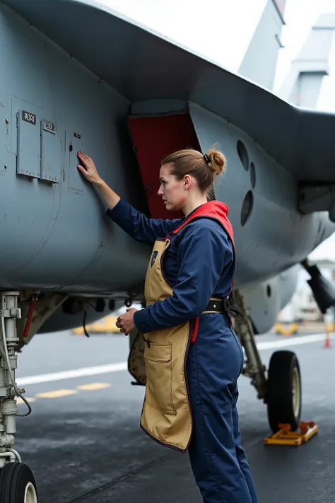 a 38 year old woman wears a thick gold and red lead apron, the woman is standing on an aircraft carrier, she wears blue navy coveralls, the woman performs an inspection on a fighter jet