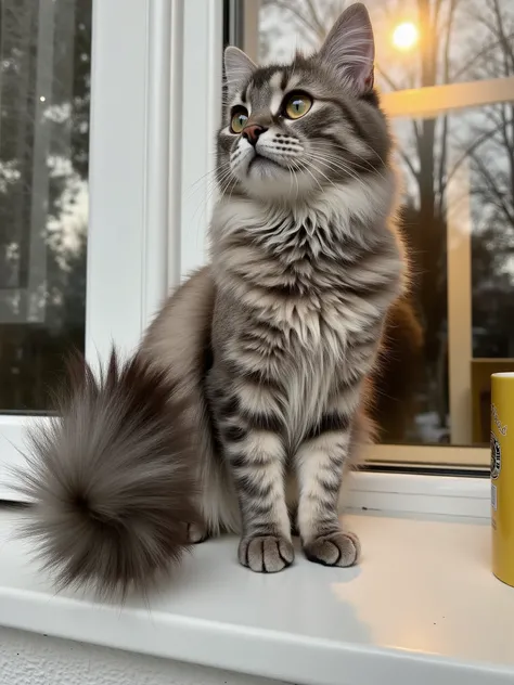 A fluffy, long-haired gray tabby cat sits perched gracefully on a white window sill, gazing intently towards something unseen, exhibiting focused attention, and a look of curiosity. The cat has a light gray coat, with darker gray tabby markings that create...