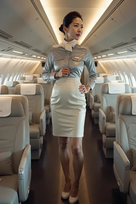 a 30 year old woman, fat arms, large belly, large thick muscular legs, wearing an airline uniform made of shiny latex, asian woman, on an aircraft, modern design, futuristic aircraft, first class cabin, private seats,