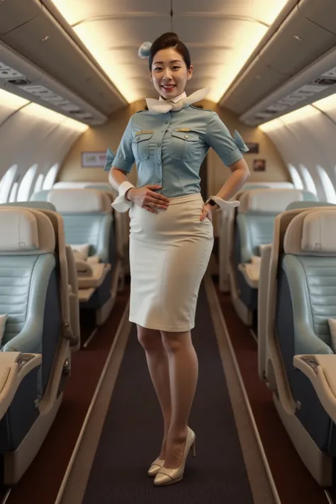 a 30 year old woman, fat arms, large belly, large thick muscular legs, wearing an airline uniform made of shiny latex, asian woman, on an aircraft, modern design, futuristic aircraft, first class cabin, private seats,